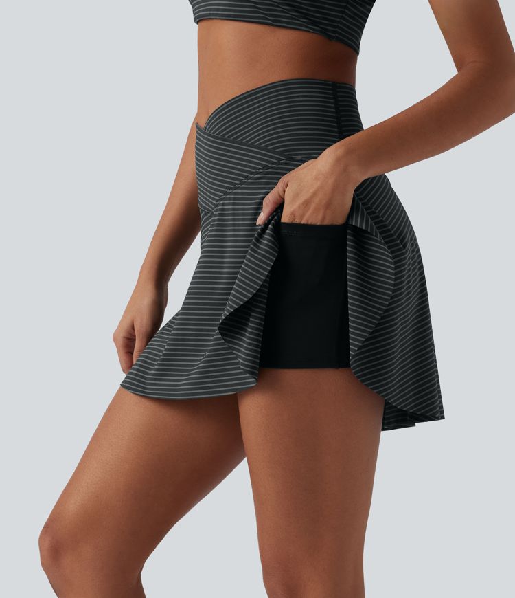 High Waisted Crossover 2-in-1 Stripe Mini Tennis Skirt with Pockets