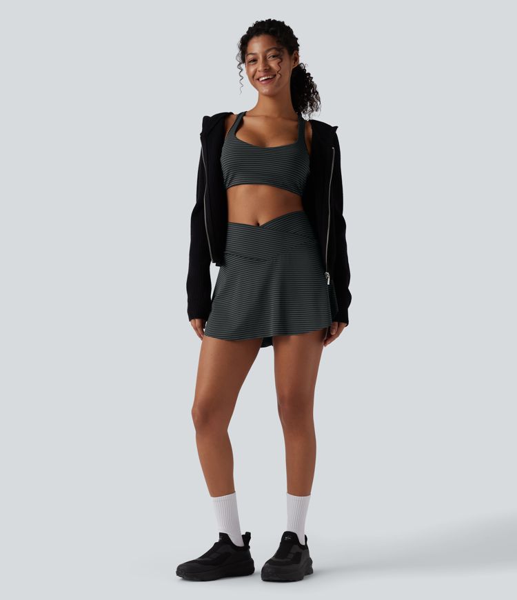 High Waisted Crossover 2-in-1 Stripe Mini Tennis Skirt with Pockets