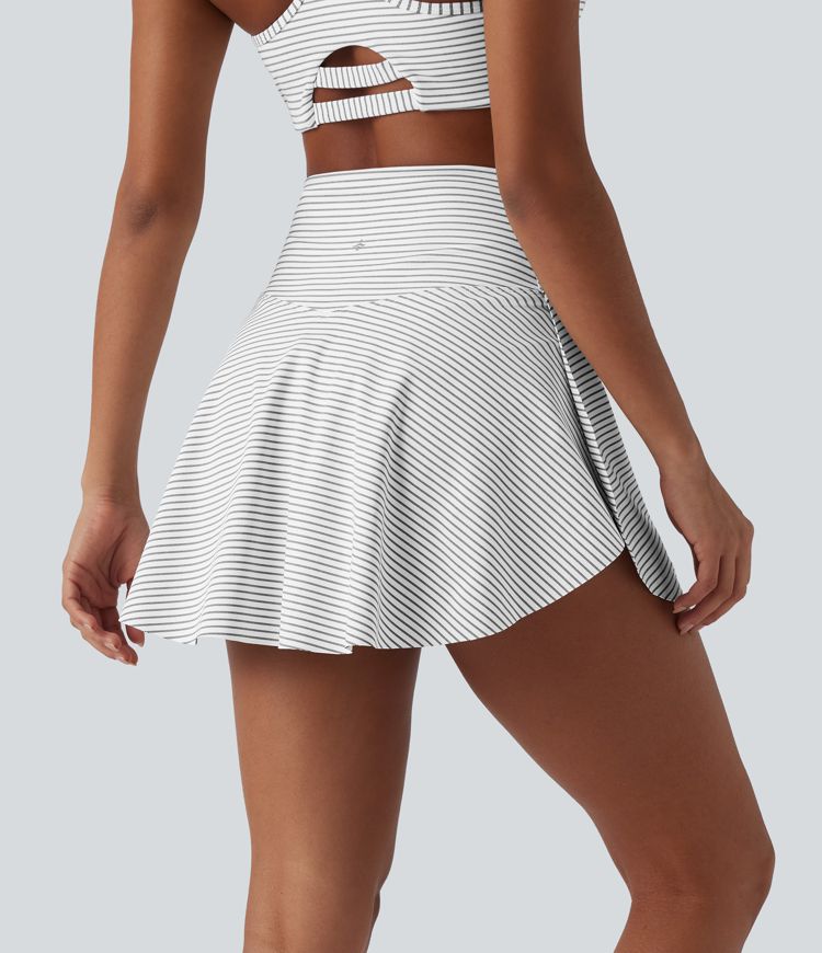 High Waisted Crossover 2-in-1 Stripe Mini Tennis Skirt with Pockets