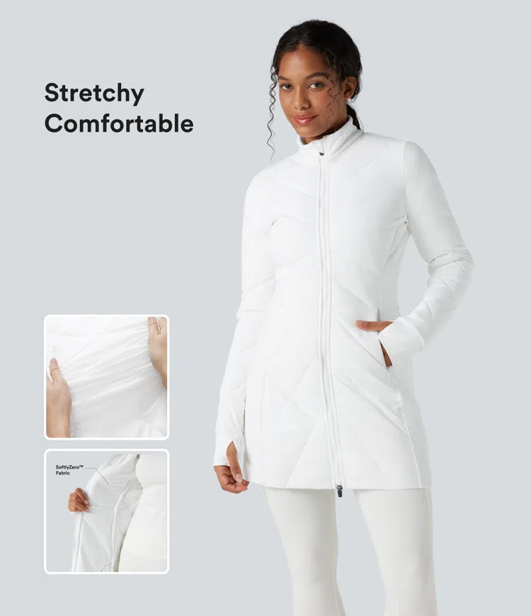 PuffFlex Stand Collar Double Zipper Thumb Holes Casual Padded Jacket with Pockets