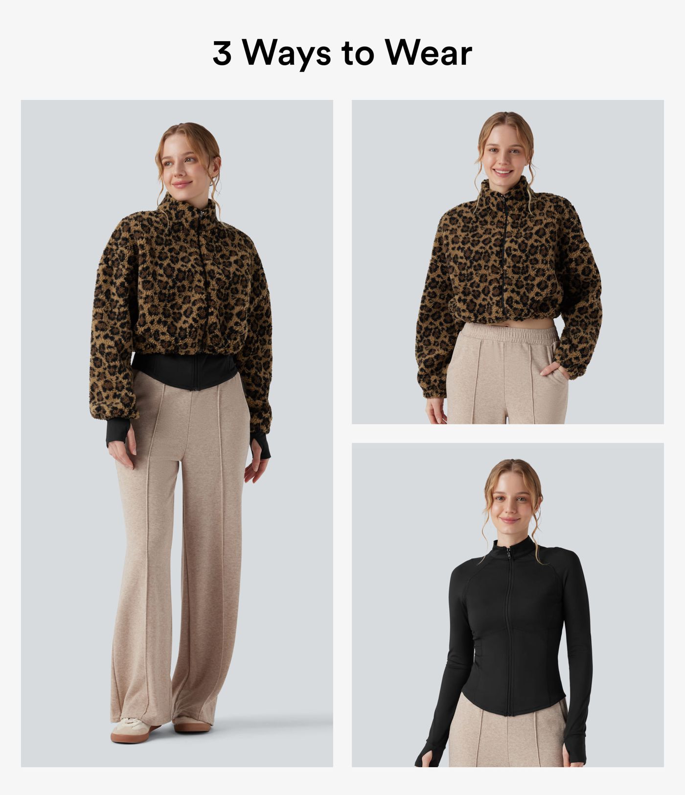 3-in-1 Stand Collar Long Sleeve Thumb Holes Jacket & Drawstring Hem Sherpa Jacket with Pockets