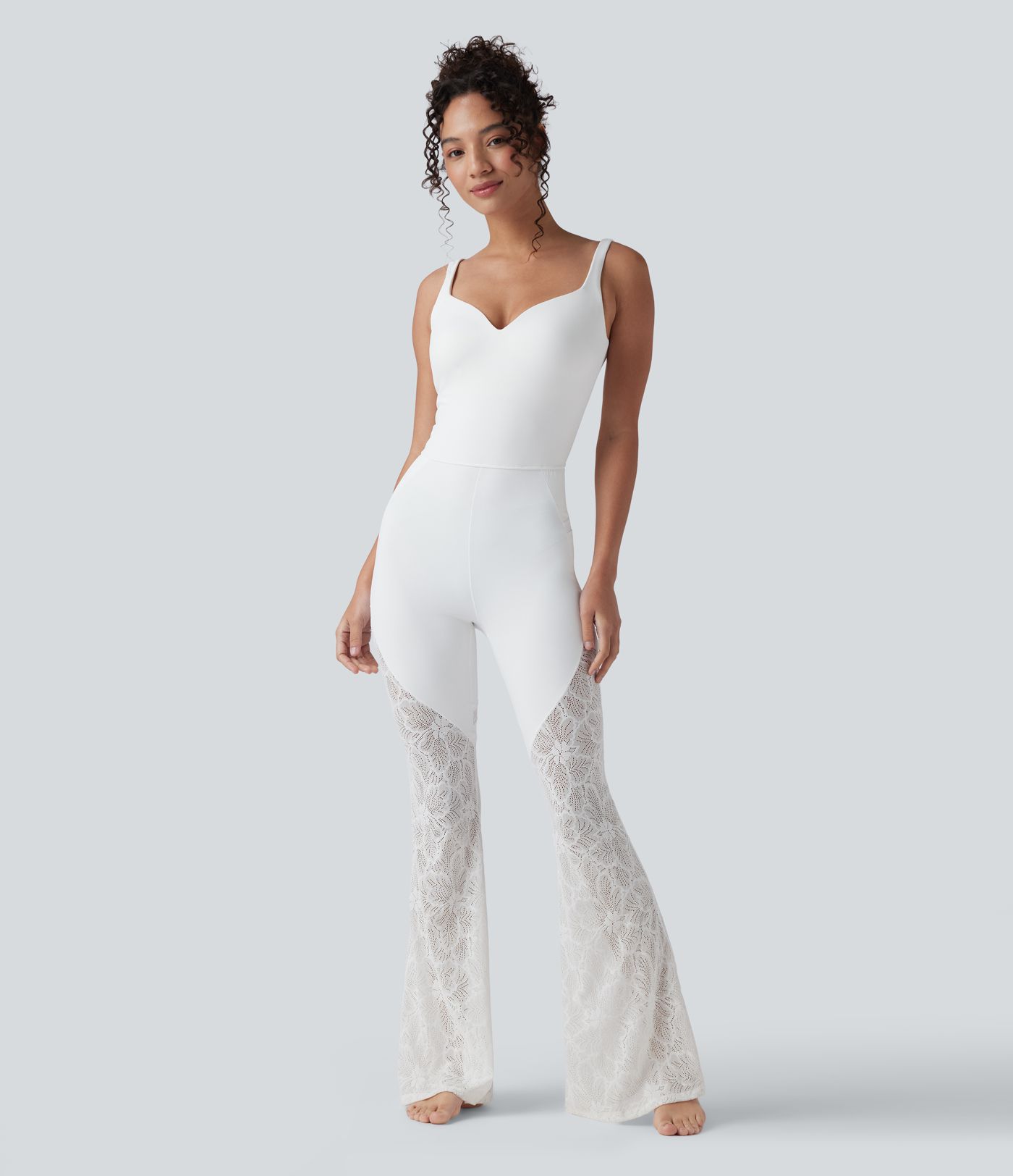 SoftlyZero™ Sweetheart Neck Cut Out Contrast Lace Bootcut Yoga Jumpsuit with Pockets-UPF50+