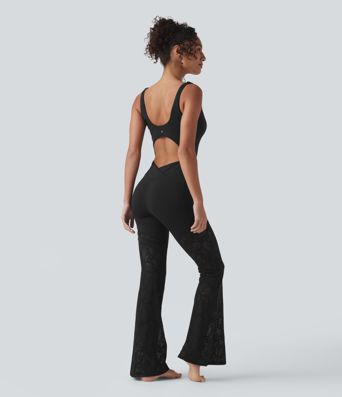 SoftlyZero™ Sweetheart Neck Cut Out Contrast Lace Bootcut Yoga Jumpsuit with Pockets-UPF50+