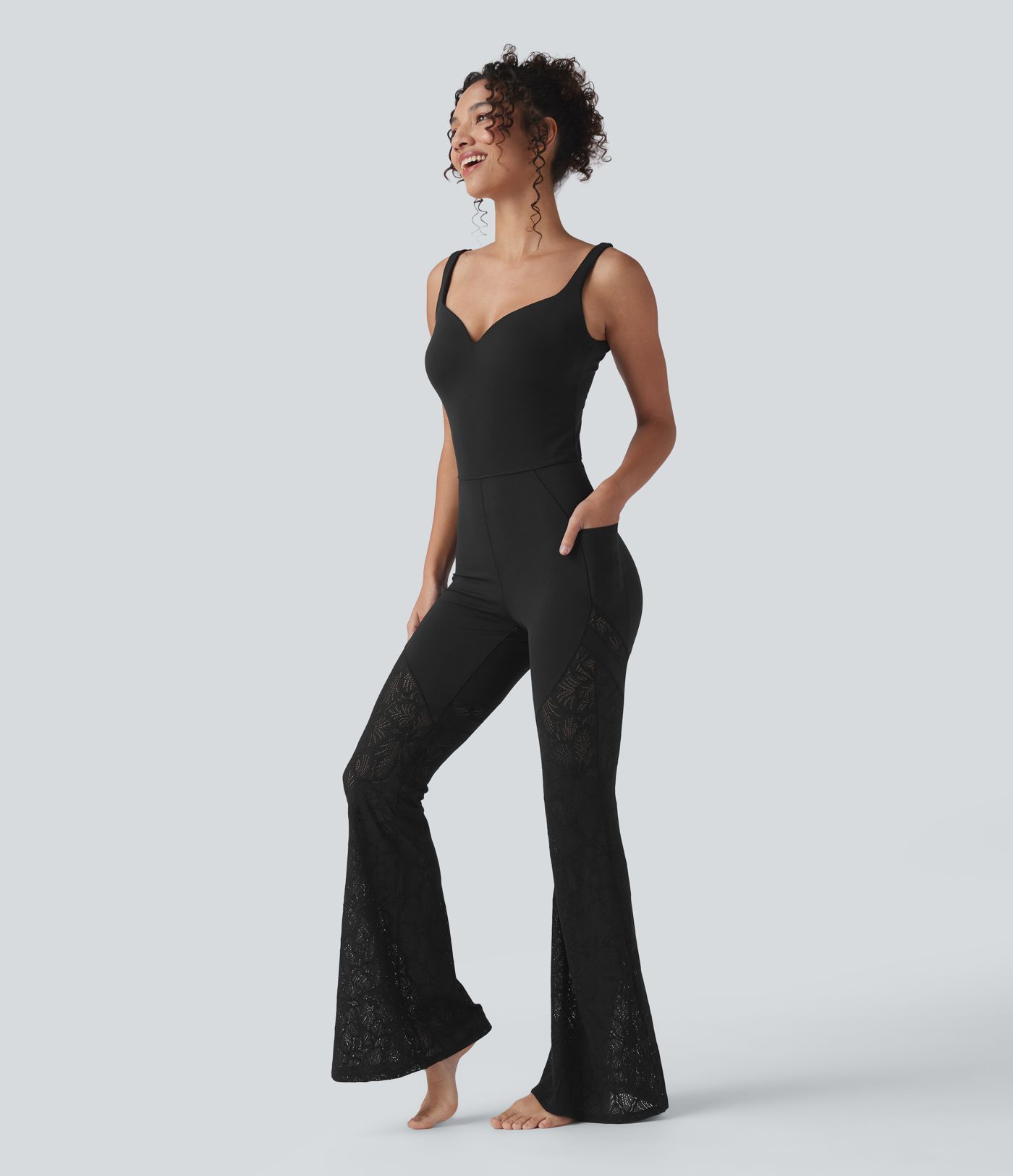 SoftlyZero™ Sweetheart Neck Cut Out Contrast Lace Bootcut Yoga Jumpsuit with Pockets-UPF50+