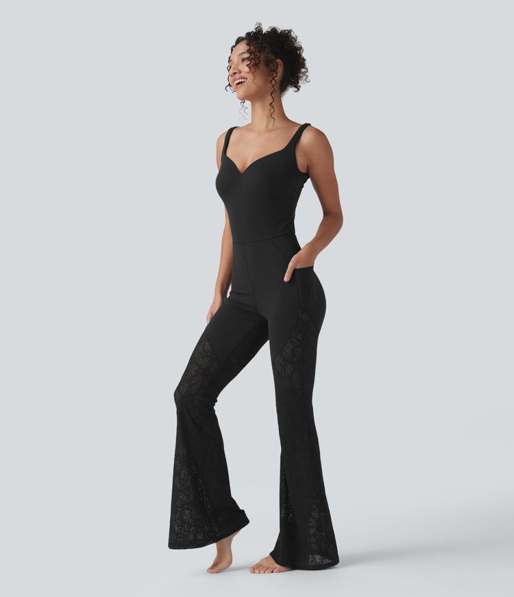 SoftlyZero™ Sweetheart Neck Cut Out Contrast Lace Bootcut Yoga Jumpsuit with Pockets-UPF50+