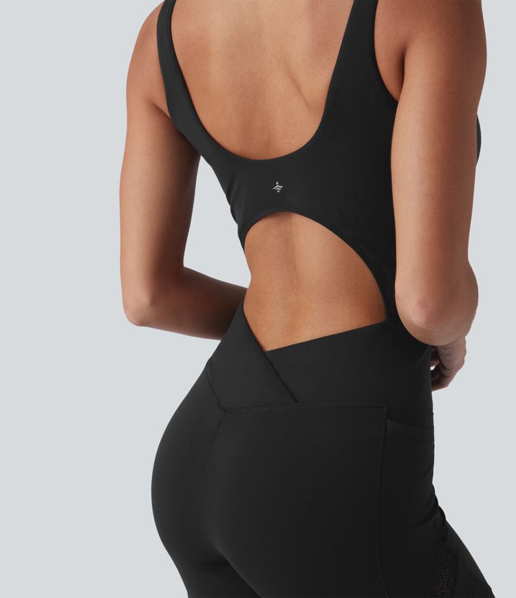 SoftlyZero™ Sweetheart Neck Cut Out Contrast Lace Bootcut Yoga Jumpsuit with Pockets-UPF50+