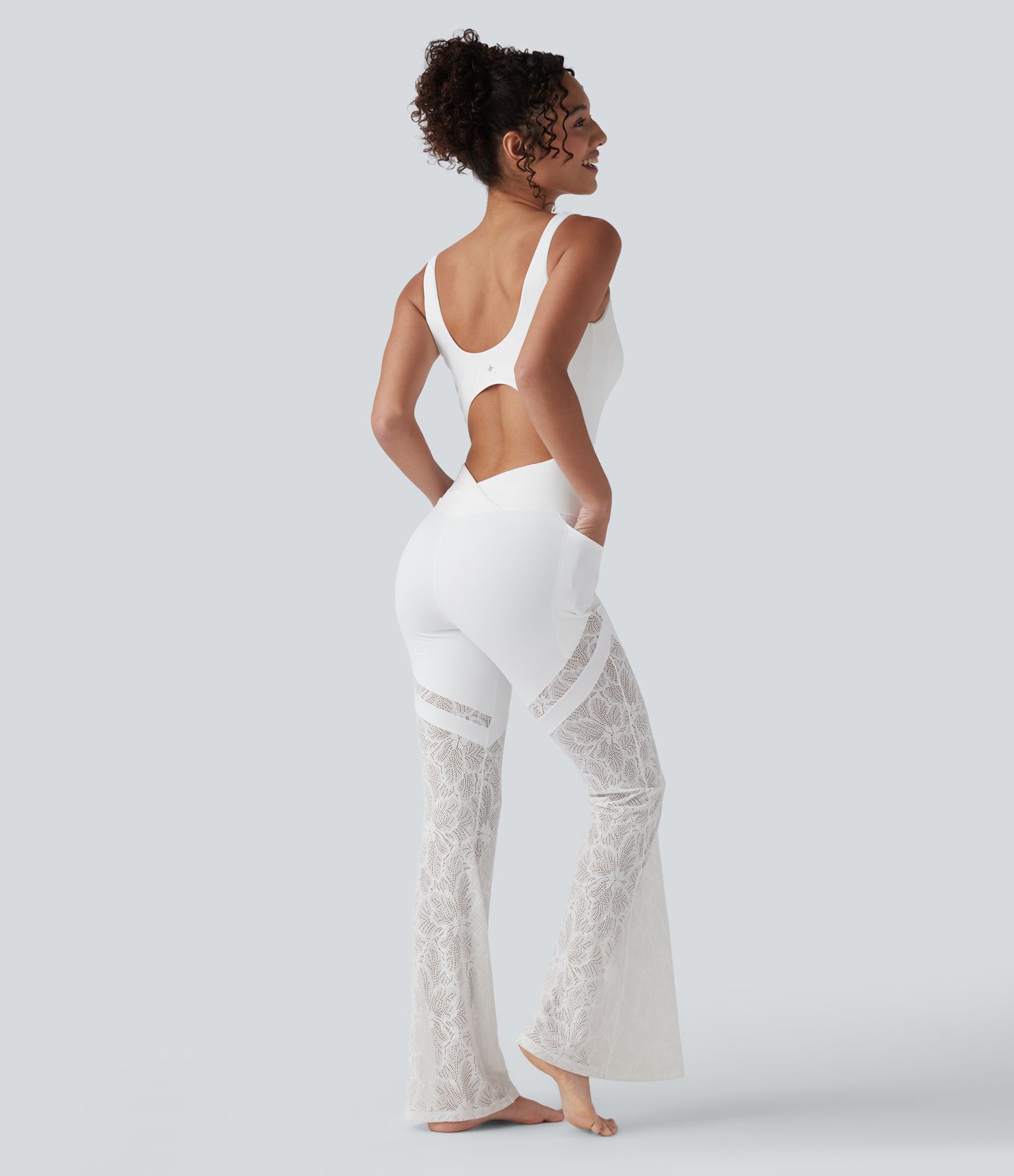 SoftlyZero™ Sweetheart Neck Cut Out Contrast Lace Bootcut Yoga Jumpsuit with Pockets-UPF50+