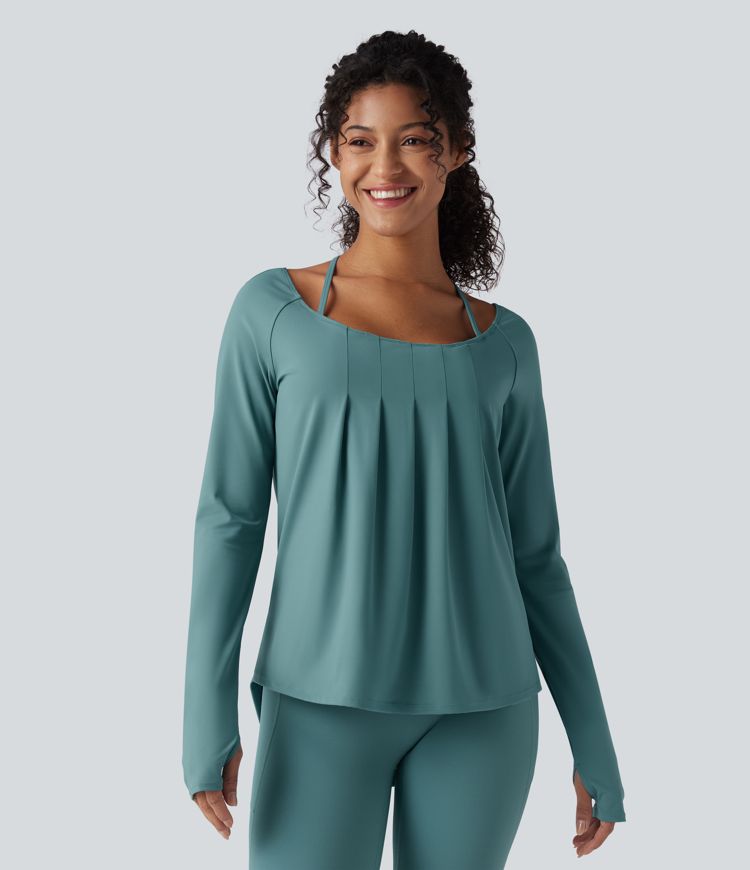 Softlyzero™ Airy - Rückenfreies, gerafftes 2-in-1 Yoga-Sport-Top mit langen Ärmeln, Daumenlöchern und Crossover-Design - UPF50+