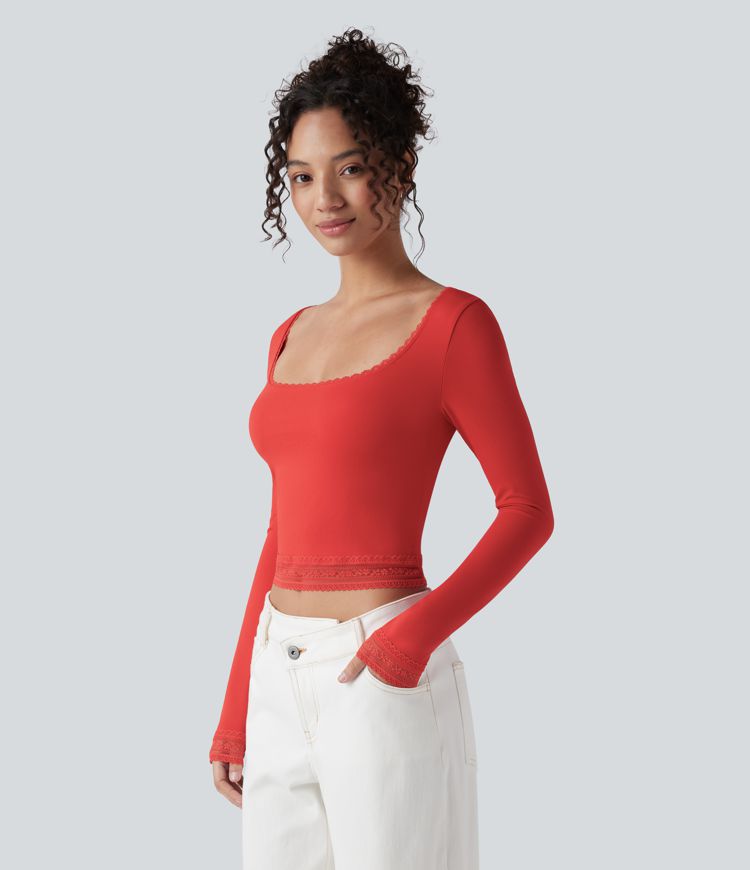 U-Neck Long Sleeve Contrast Lace Work T-Shirt