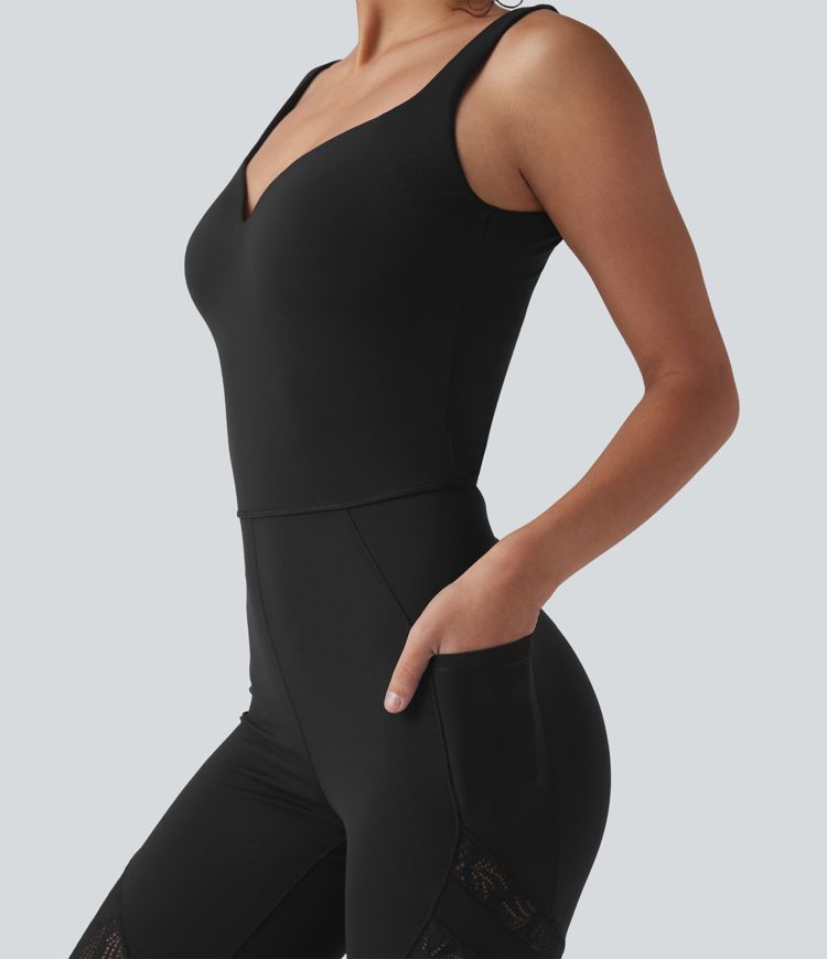 SoftlyZero™ Sweetheart Neck Cut Out Contrast Lace Bootcut Yoga Jumpsuit with Pockets-UPF50+