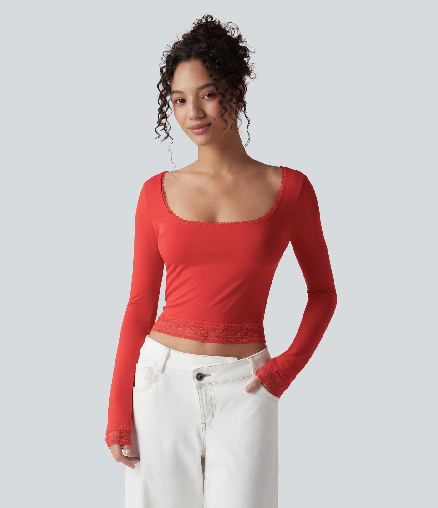 U-Neck Long Sleeve Contrast Lace Work T-Shirt