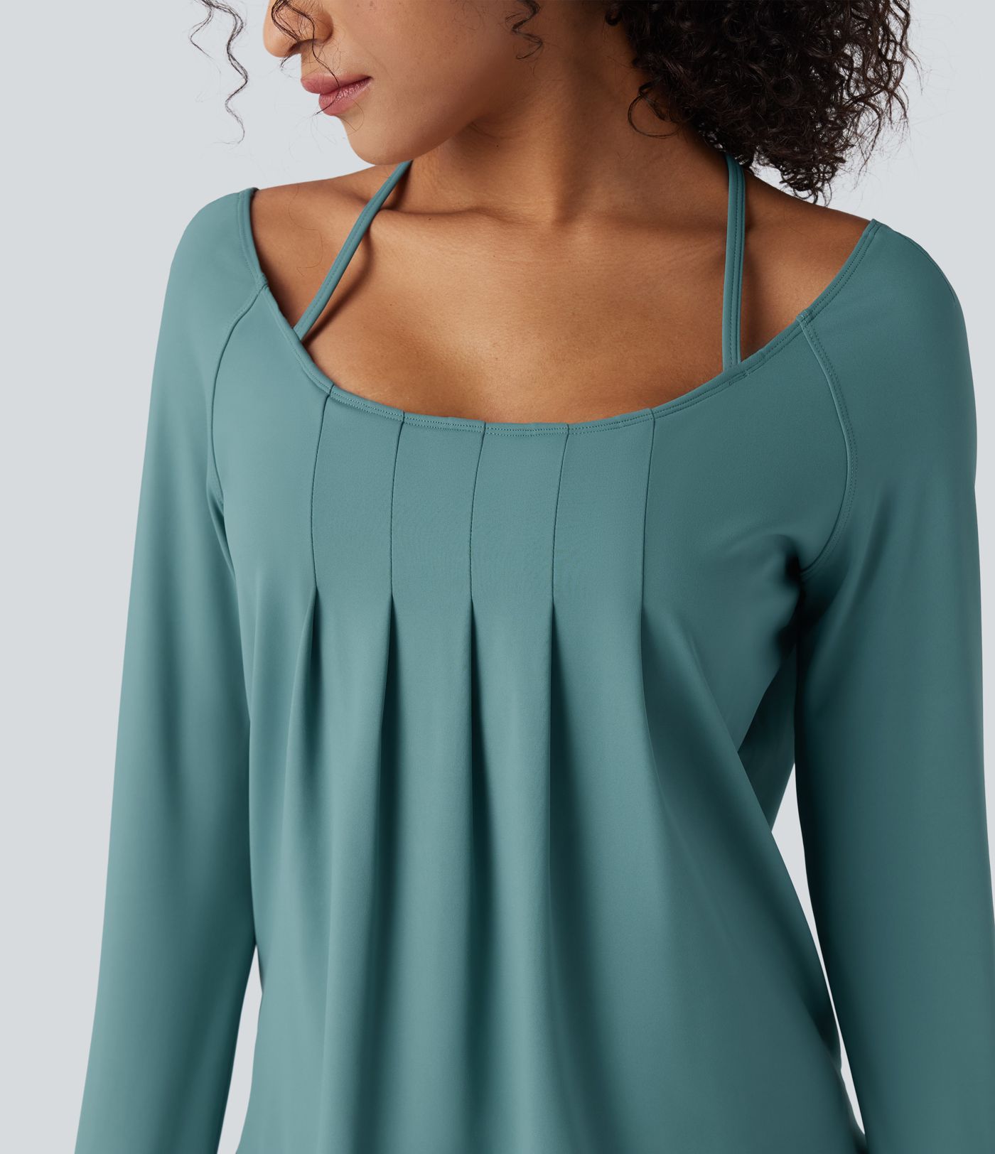Softlyzero™ Airy - Rückenfreies, gerafftes 2-in-1 Yoga-Sport-Top mit langen Ärmeln, Daumenlöchern und Crossover-Design - UPF50+
