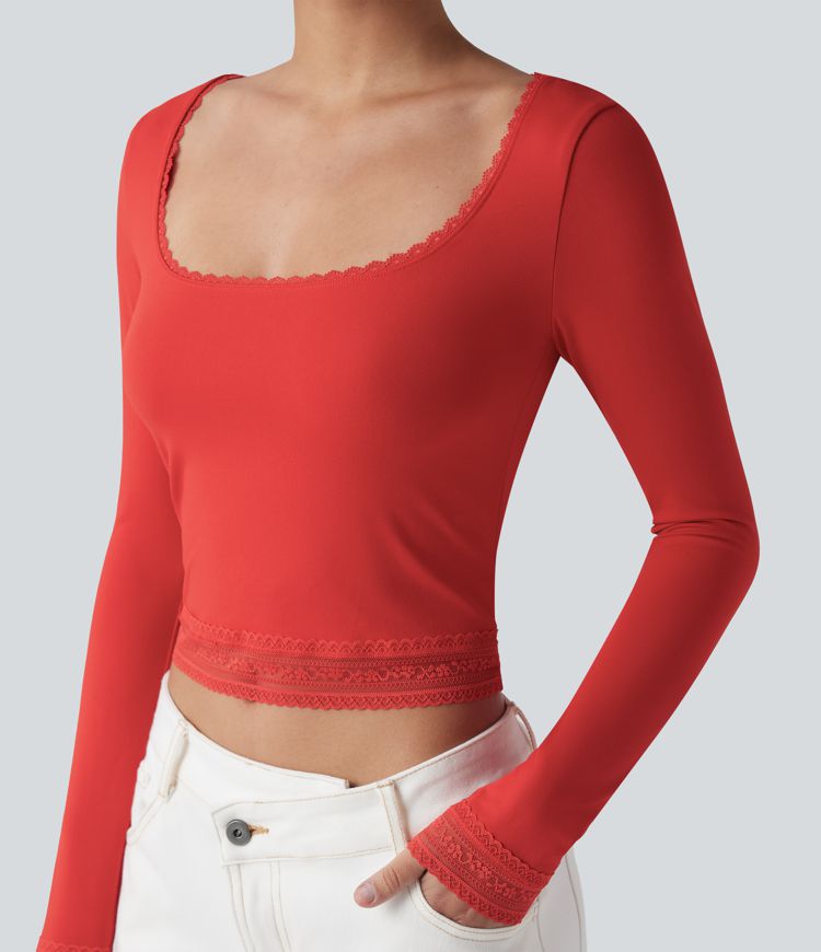 U-Neck Long Sleeve Contrast Lace Work T-Shirt