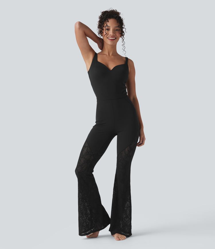 SoftlyZero™ Sweetheart Neck Cut Out Contrast Lace Bootcut Yoga Jumpsuit with Pockets-UPF50+