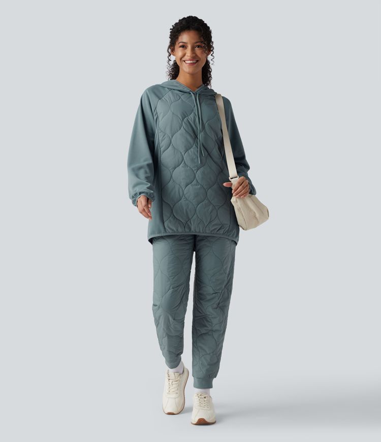 Hooded Drawstring Long Sleeve Camping Quilted Sports Sweatshirt