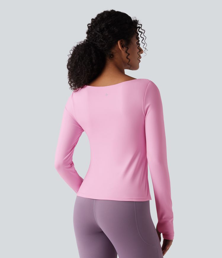 SoftlyZero™ Airy Push-Up Twisted Long Sleeve Thumb Holes Split Hem Yoga Sports Top D-F Cups