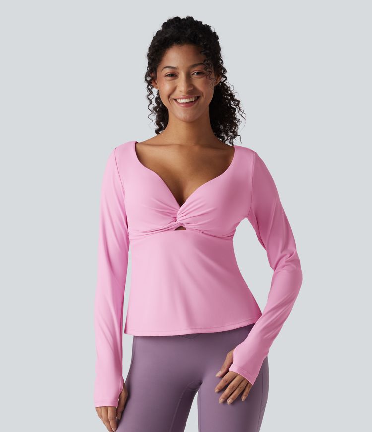 SoftlyZero™ Airy Push-Up Twisted Long Sleeve Thumb Holes Split Hem Yoga Sports Top D-F Cups