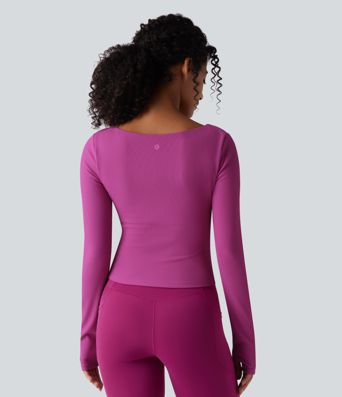 Top de yoga tricoté à encolure carrée, effet push-up, manches longues avec ouverture pour le pouce — bonnets D/DD/DDD/F