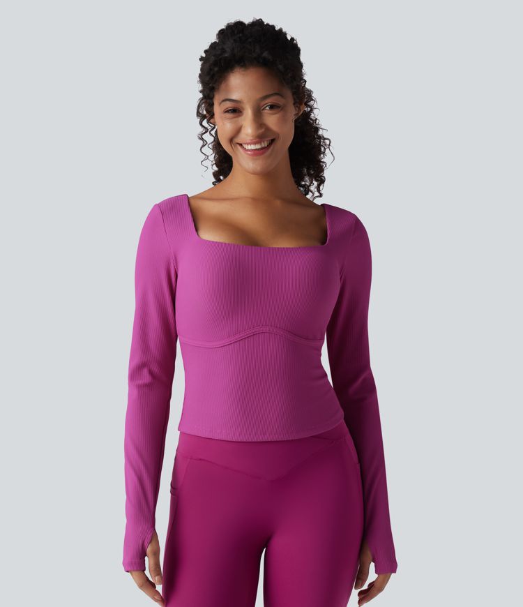 Top de yoga tricoté à encolure carrée, effet push-up, manches longues avec ouverture pour le pouce — bonnets D/DD/DDD/F