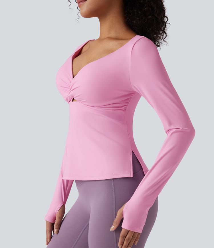 SoftlyZero™ Airy Push-Up Twisted Long Sleeve Thumb Holes Split Hem Yoga Sports Top D-F Cups