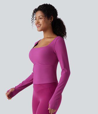 Top de yoga tricoté à encolure carrée, effet push-up, manches longues avec ouverture pour le pouce — bonnets D/DD/DDD/F