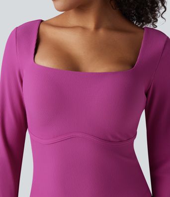 Top de yoga tricoté à encolure carrée, effet push-up, manches longues avec ouverture pour le pouce — bonnets D/DD/DDD/F