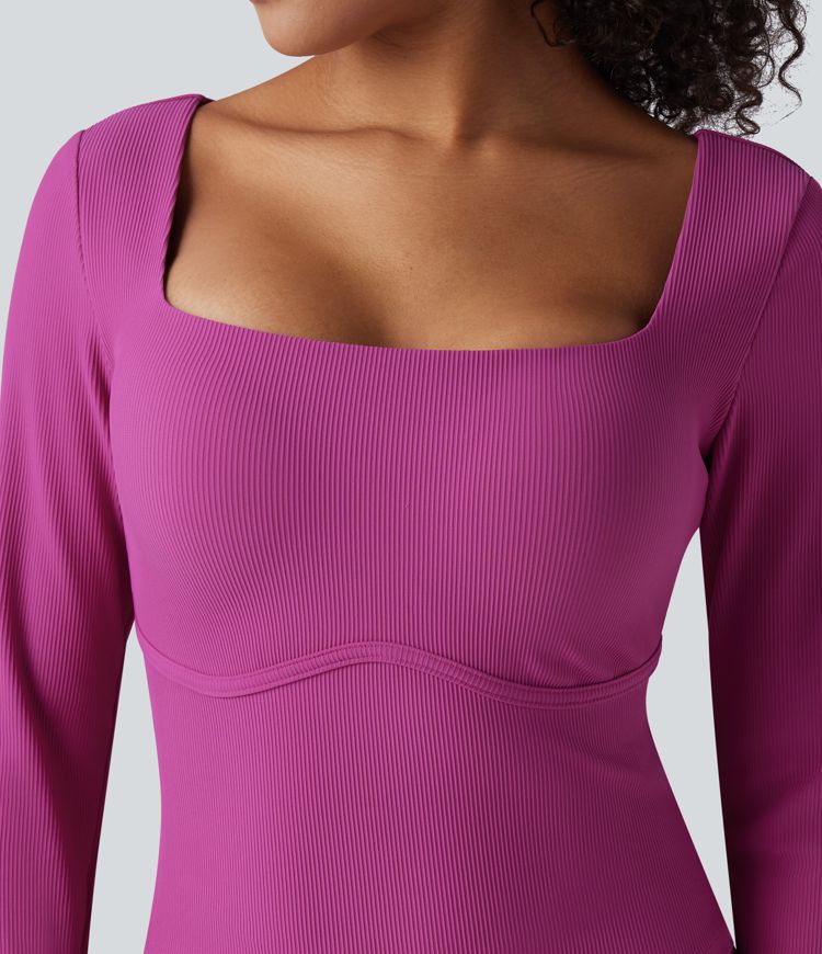 Top de yoga tricoté à encolure carrée, effet push-up, manches longues avec ouverture pour le pouce — bonnets D/DD/DDD/F