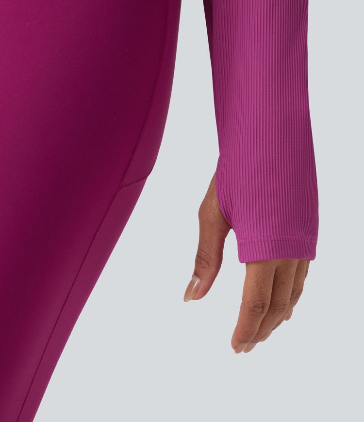 Top de yoga tricoté à encolure carrée, effet push-up, manches longues avec ouverture pour le pouce — bonnets D/DD/DDD/F