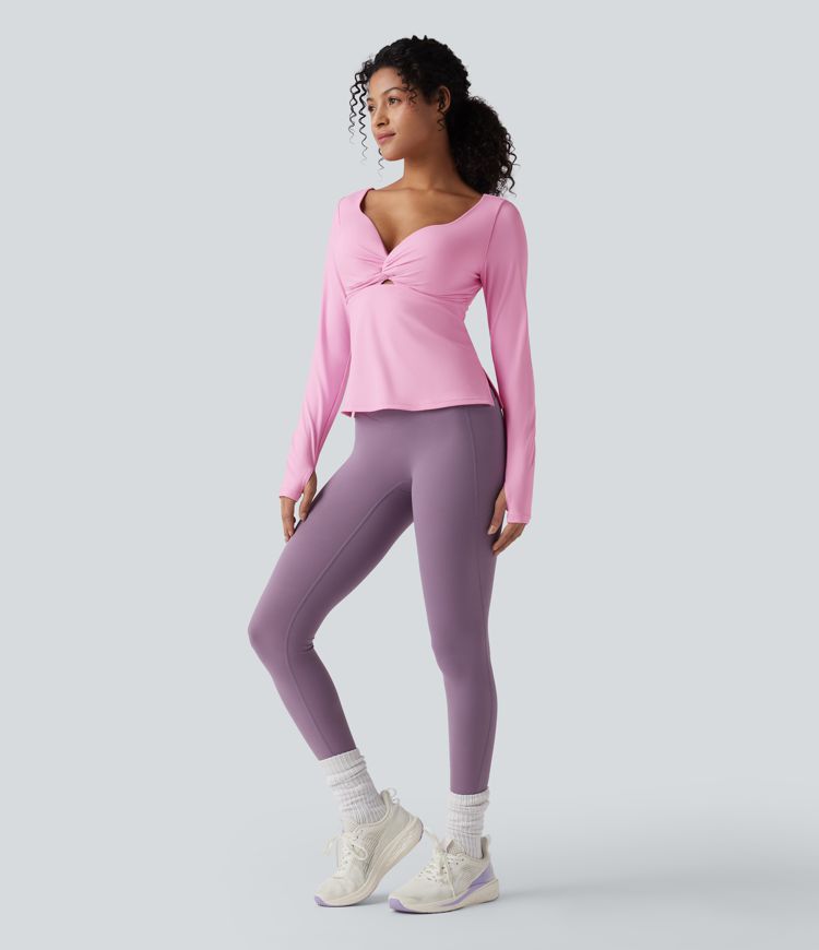 SoftlyZero™ Airy Push-Up Twisted Long Sleeve Thumb Holes Split Hem Yoga Sports Top D-F Cups