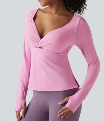 SoftlyZero™ Airy Push-Up Twisted Long Sleeve Thumb Holes Split Hem Yoga Sports Top DD-F Cups