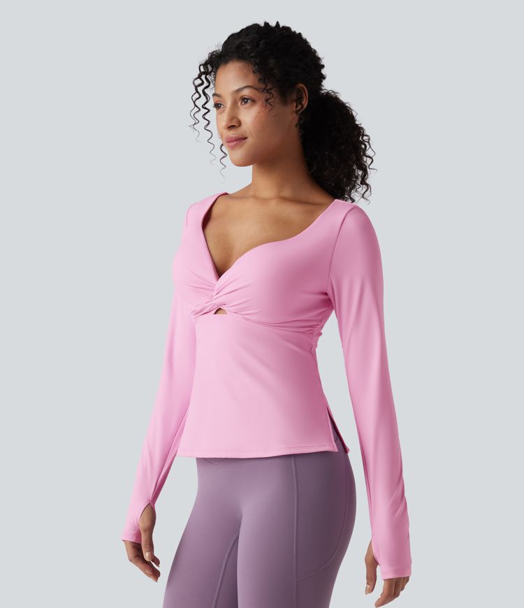 SoftlyZero™ Airy Push-Up Twisted Long Sleeve Thumb Holes Split Hem Yoga Sports Top D-F Cups
