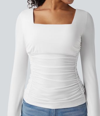Square Neck Push-Up 2-in-1 Long Sleeve Ruched Casual T-Shirt-D/DD/DDD/F Cups