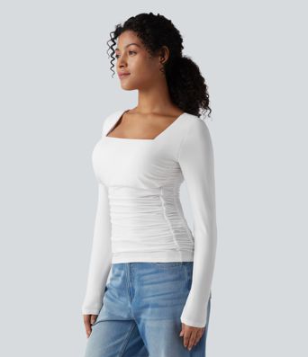 Square Neck Push-Up 2-in-1 Long Sleeve Ruched Casual T-Shirt-D/DD/DDD/F Cups