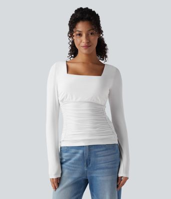 Square Neck Push-Up 2-in-1 Long Sleeve Ruched Casual T-Shirt-D/DD/DDD/F Cups