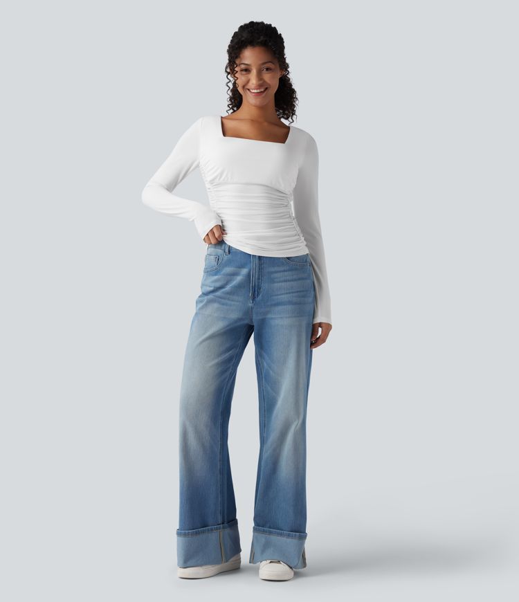 Square Neck Push-Up 2-in-1 Long Sleeve Ruched Casual T-Shirt-D/DD/DDD/F Cups