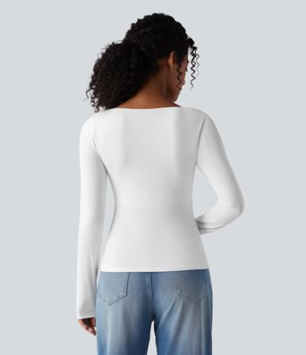 Square Neck Push-Up 2-in-1 Long Sleeve Ruched Casual T-Shirt-D/DD/DDD/F Cups