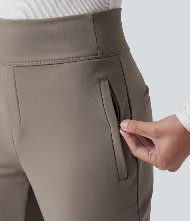 Mid Rise Fleece Work Flare Pants with Zip Pockets