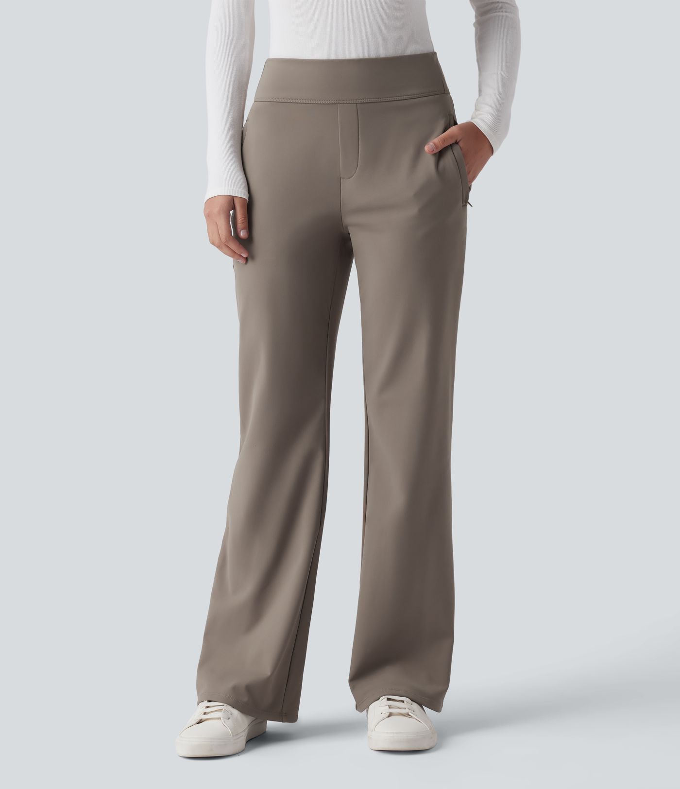 Mid Rise Fleece Work Flare Pants with Zip Pockets