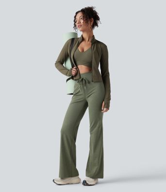 Pantalones de yoga de cintura alta con cordón, de secado rápido y acampanados