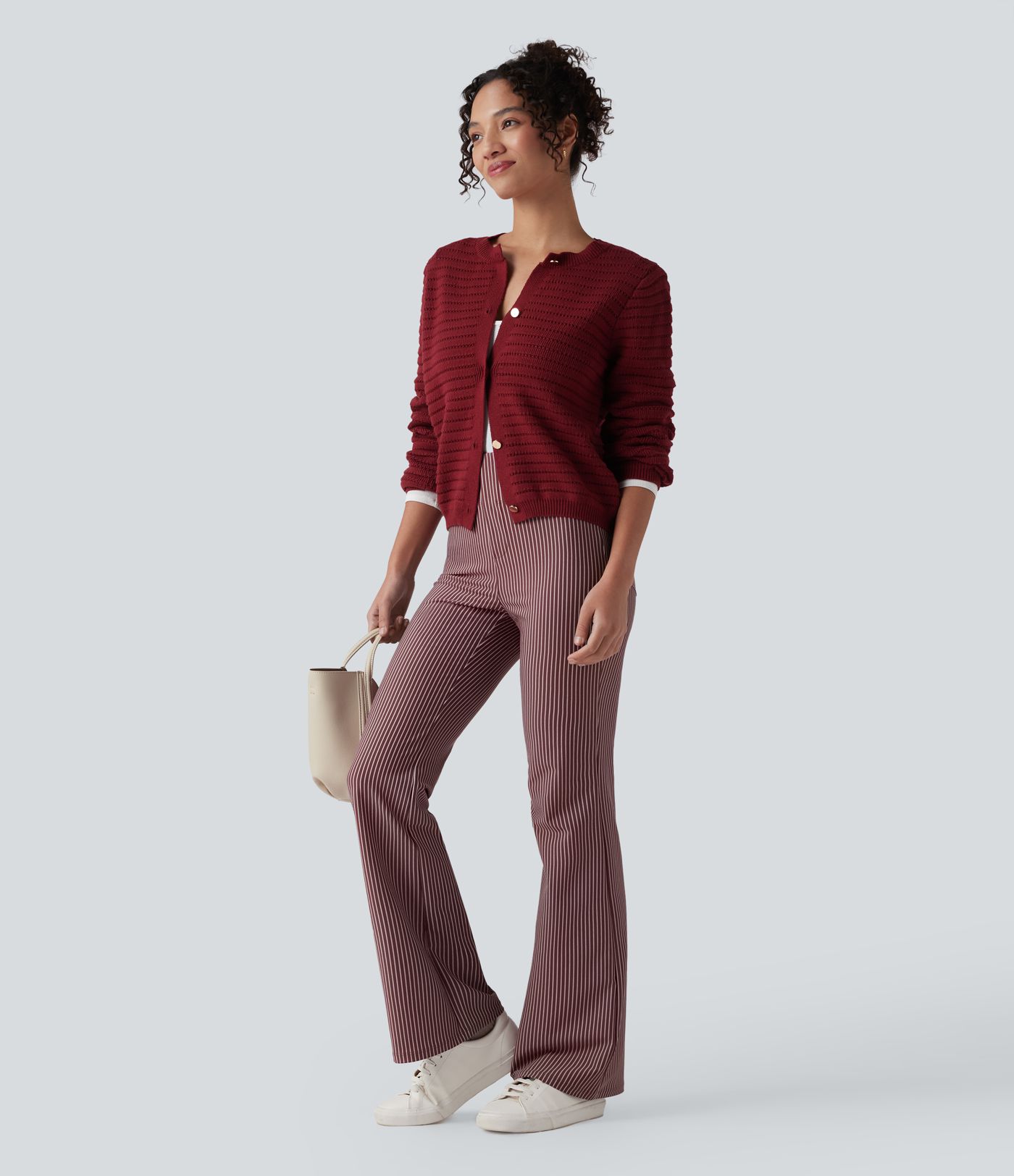 Pantalones acampanados de trabajo de talle alto a rayas con bolsillos