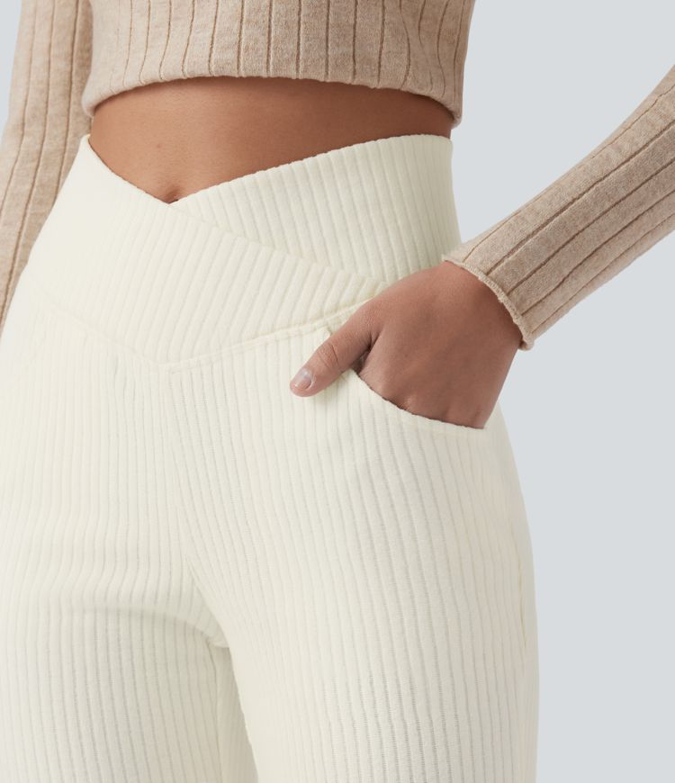 Ribbed Knit Crossover High Waisted Pocket Casual Flare Pants