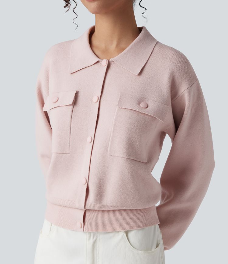 Pull décontracté à col chemise avec poches poitrine boutonnées