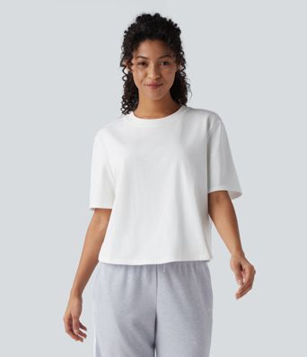 Round Neck Short Sleeve Casual Cotton Boxy T-Shirt