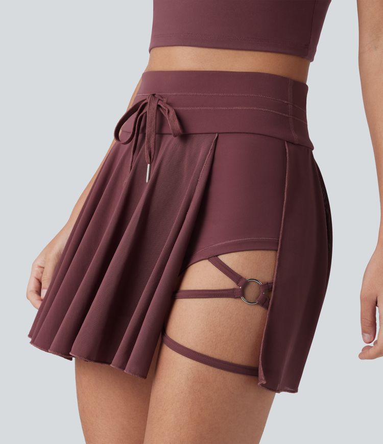 High Waisted Drawstring 2-in-1 Contrast Mesh Mini Tennis Skirt with Pocket