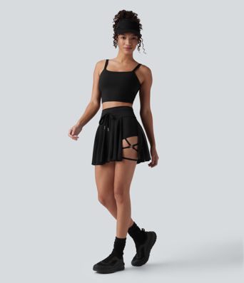 High Waisted Drawstring 2-in-1 Contrast Mesh Mini Tennis Skirt with Pocket