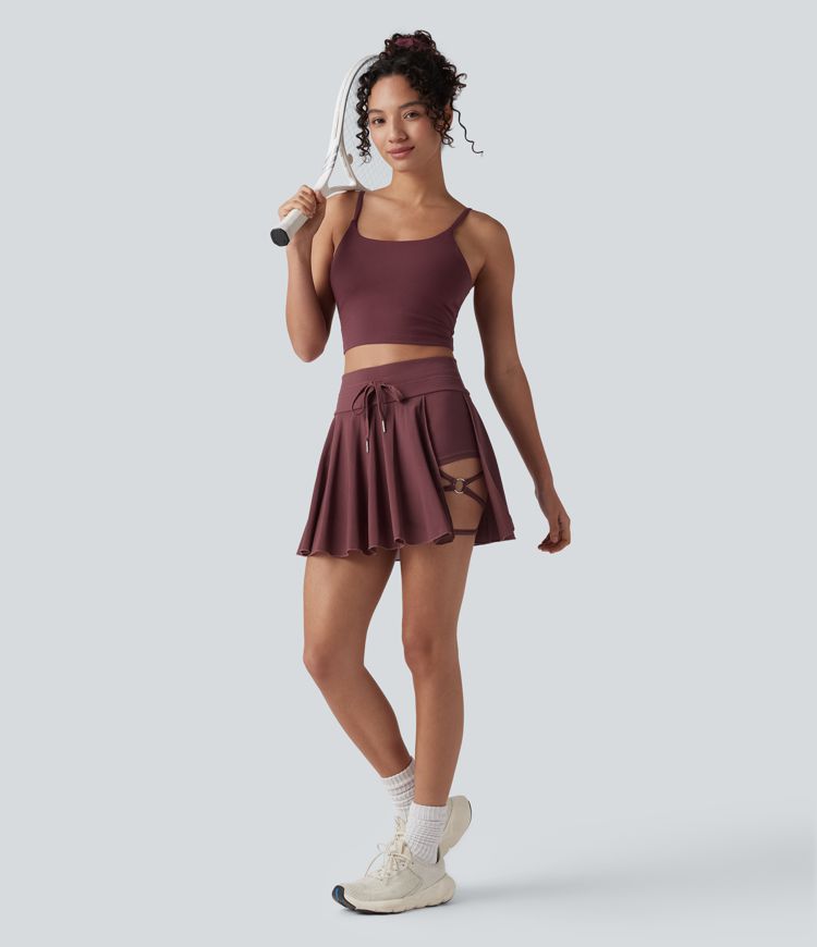High Waisted Drawstring 2-in-1 Contrast Mesh Mini Tennis Skirt with Pocket
