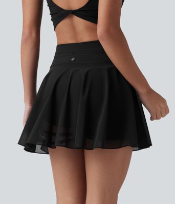 High Waisted Drawstring 2-in-1 Contrast Mesh Mini Tennis Skirt with Pocket