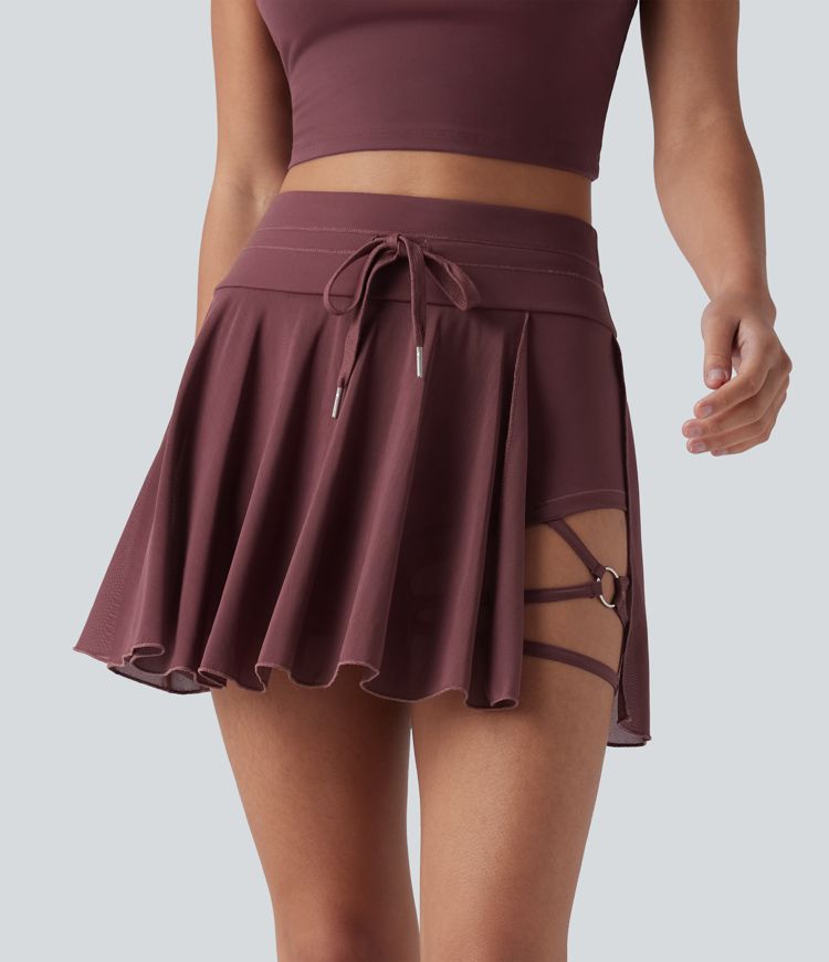 High Waisted Drawstring 2-in-1 Contrast Mesh Mini Tennis Skirt with Pocket