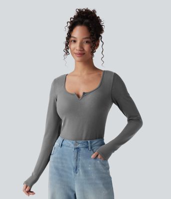 Push-Up Molded Cups Notched Long Sleeve Casual Warming Top A/B Cup