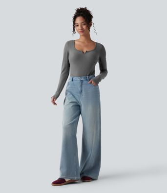 Push-Up Molded Cups Notched Long Sleeve Casual Warming Top A/B Cup